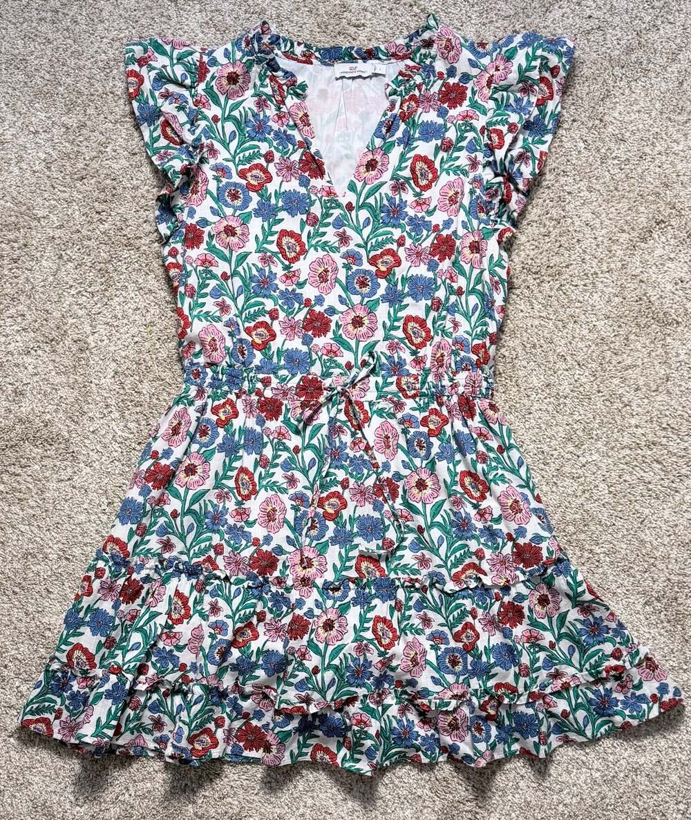 Vineyard Vines Floral Smocked Waist Dress with Ruffled Sleeves Tiered Skirt L